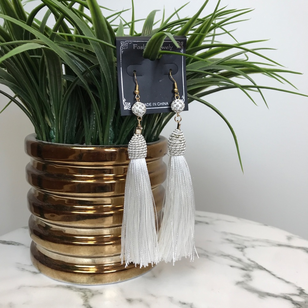 ‼️ White Thread Tassel Drop Earrings Rhinestones